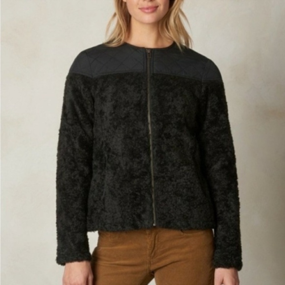 Prana Womens Jacket Medium Good Lux Fuzzy Sherpa Black Quilted Zip Up Te…